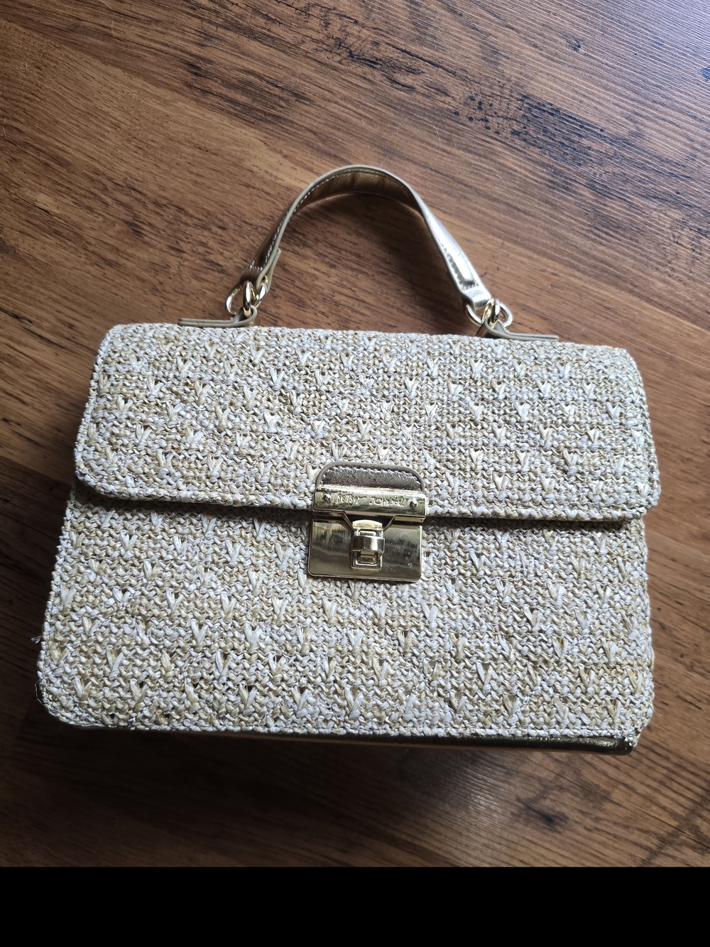 Betsey Johnson Turn Lock Gold Woven Tweed Satchel